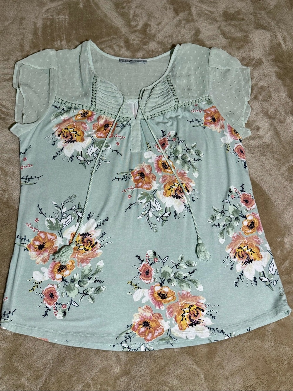 Daniel Rainn Mint Floral Flutter Sleeve Boho Blouse Size M